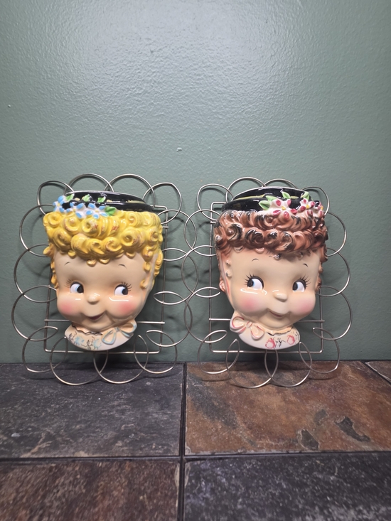 Other - Vintage Ceramic Wall Pocket Pair - Yellow and Brown Head Planters